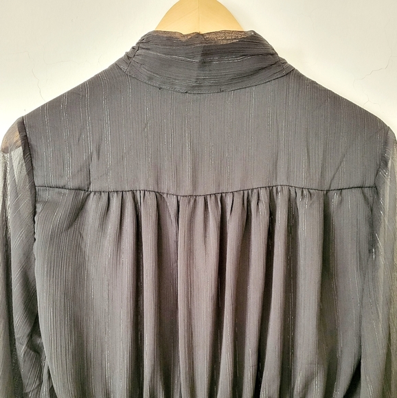 House of Harlow Ruched Mini Dress Lurex Sheer Bishop Sleeve Black Sz 2 - Picture 6 of 15